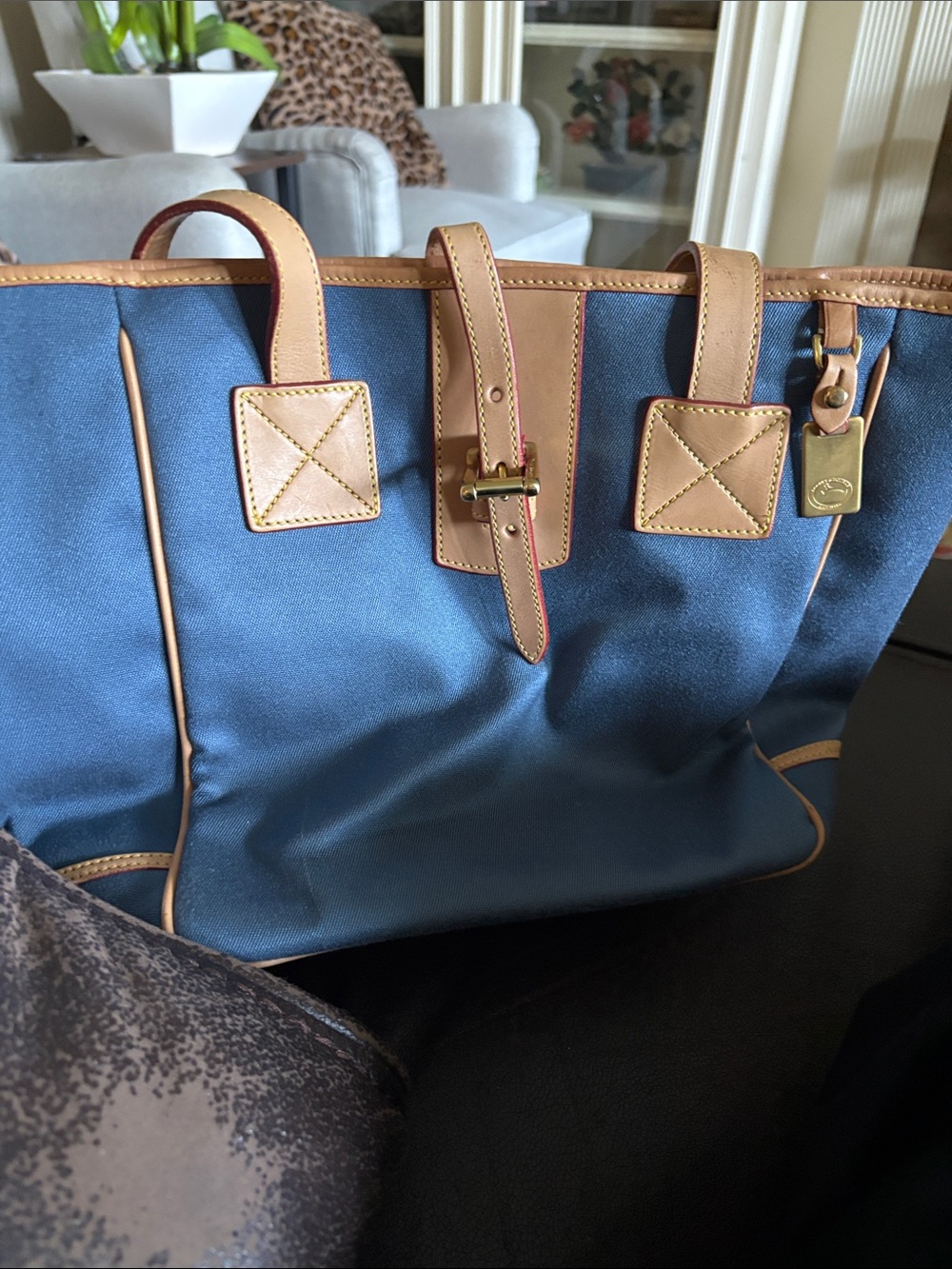 DOONEY & BOURKE Blue Canvas Tote with Tan Leather Trim